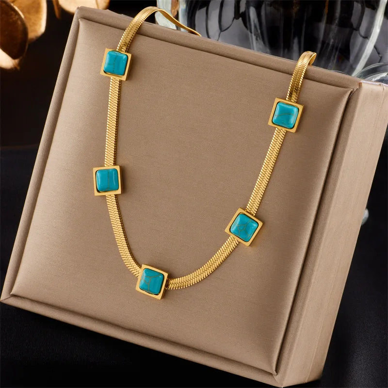 New Hot Arrival Fashion Tarnish Free 18K Gold Plated Stainless Steel Turquoise Stone Gold Plated Women Necklace