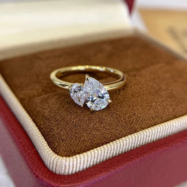 Ruyi Jewelry Wholesale 14K  Jewelry 1ct/0.5ct Lab Diamond Engagement Rings Women Lab Diamond Pear Cut Gold Ring