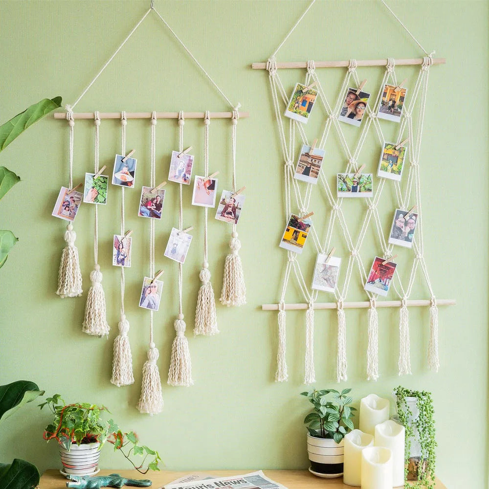 Contemporary Style Tassel Macrame Cotton Wall Rope Tapestry Photo Clips Wall Hanging Hand Woven Living Room Bedroom House Decor