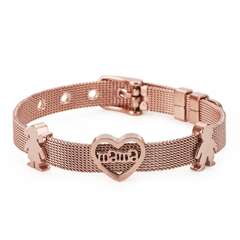 Trendy Stainless Steel Rose Gold Plated Slider Daughter Mom Charms Mesh Bracelet Jewelry for Women