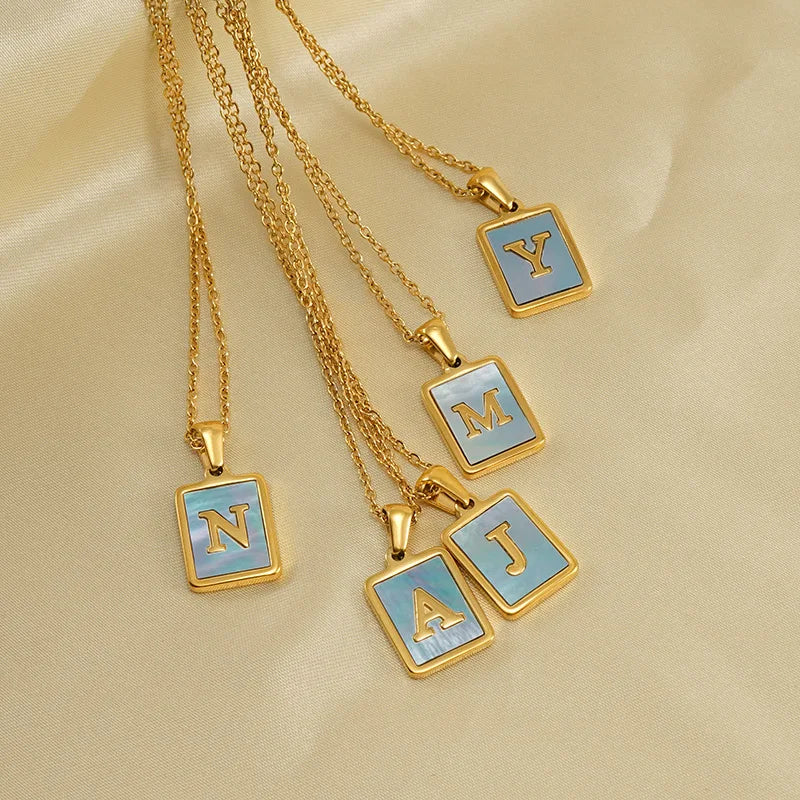 GT Trendy 18K Blue Shell Initial Necklace for Women Gold Plated 26 Alphabet Stainless Steel Cute Chain Jewelry for Gifts