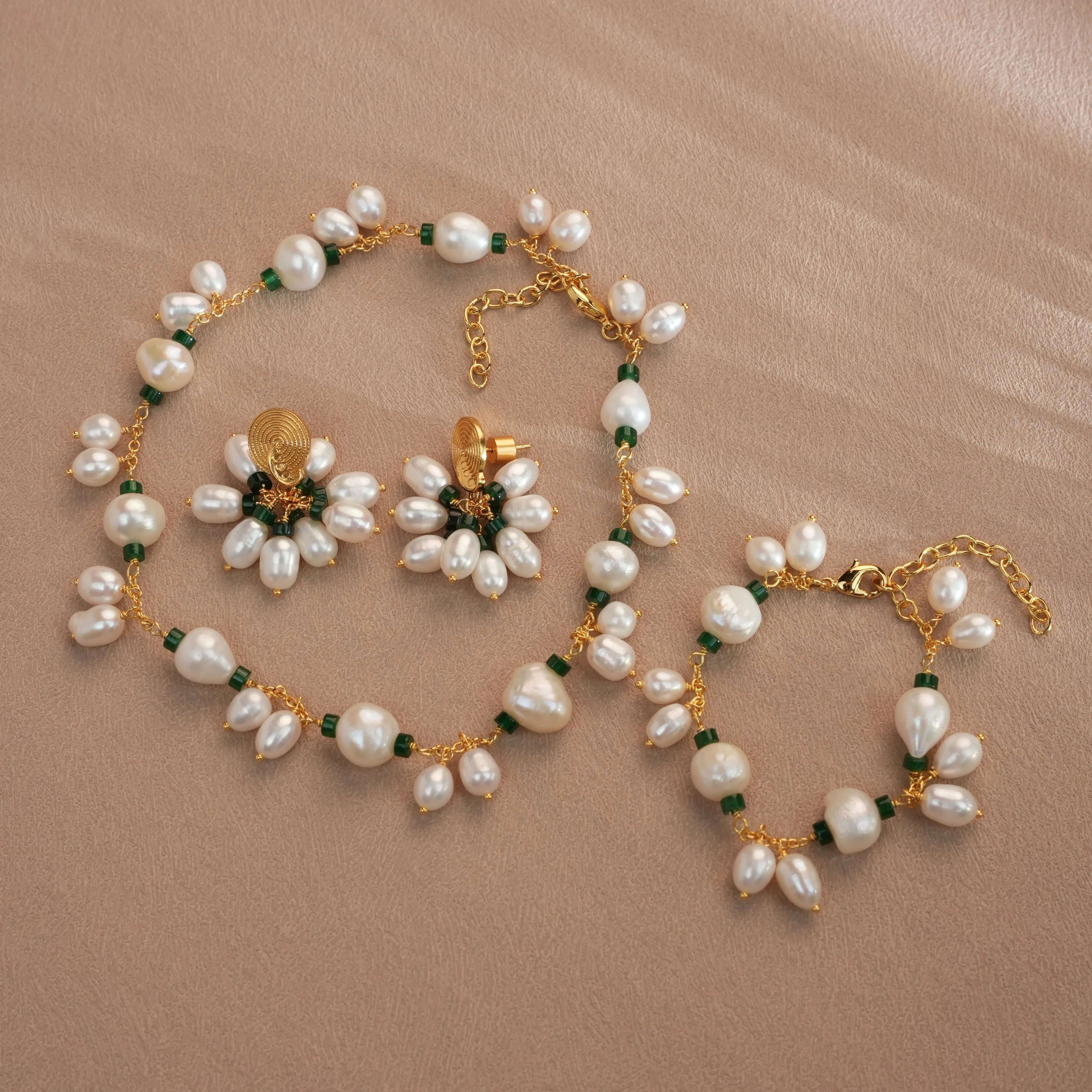 Green Crystal Grape String Thread Bead Necklace Earrings Bracelet Set