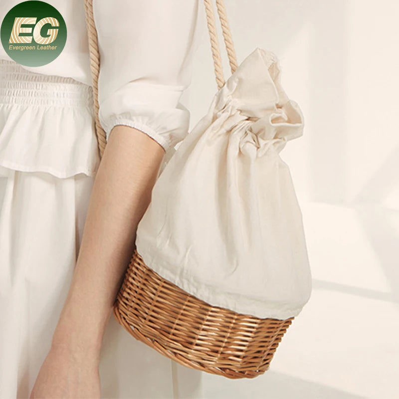 T125 Rattan Handbag Girls Woven Travel Custom Summer Women Fashion Boho Beach Basket Straw Bucket Bag MegaBDM
