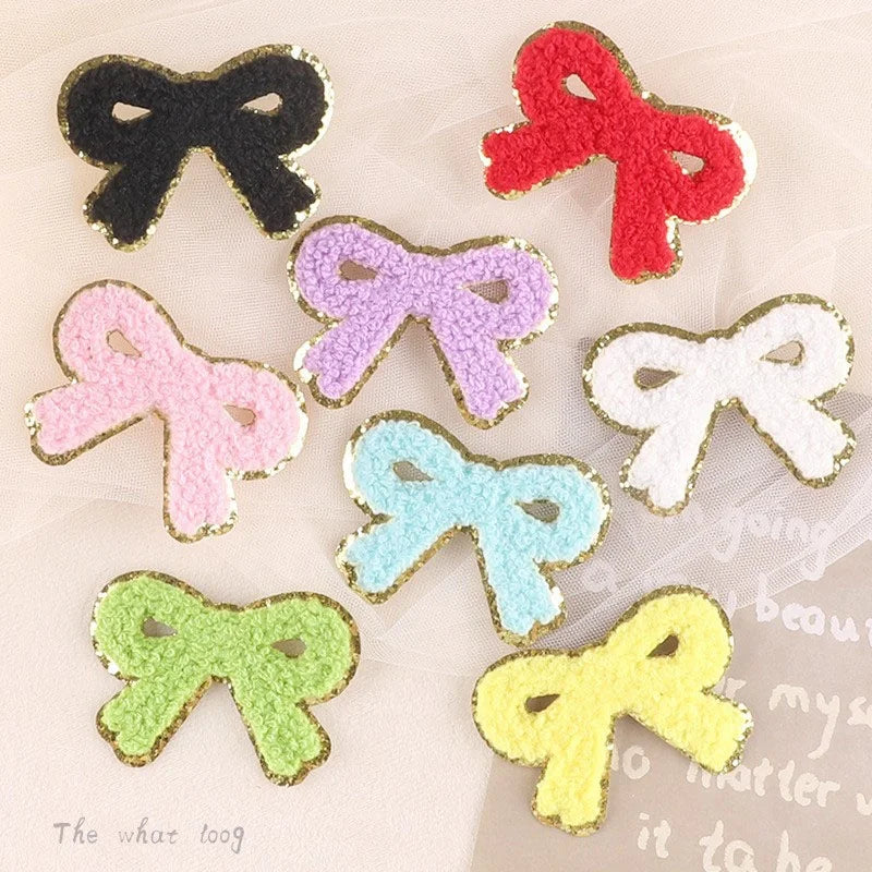 Hot Sale Clothing Accessory Iron on 3D Sticker Gold Glitter Trim Embroidery Chenille Towel Patches Lovely Bow Chenille Patches