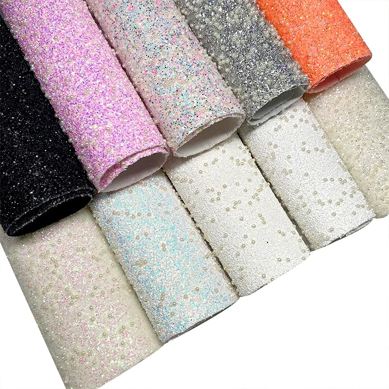 Pure Little Pearl Sequins Leather Chunky Glitter Faux Leather Fabric Canvas Backing for Making Hairbow and Earrings