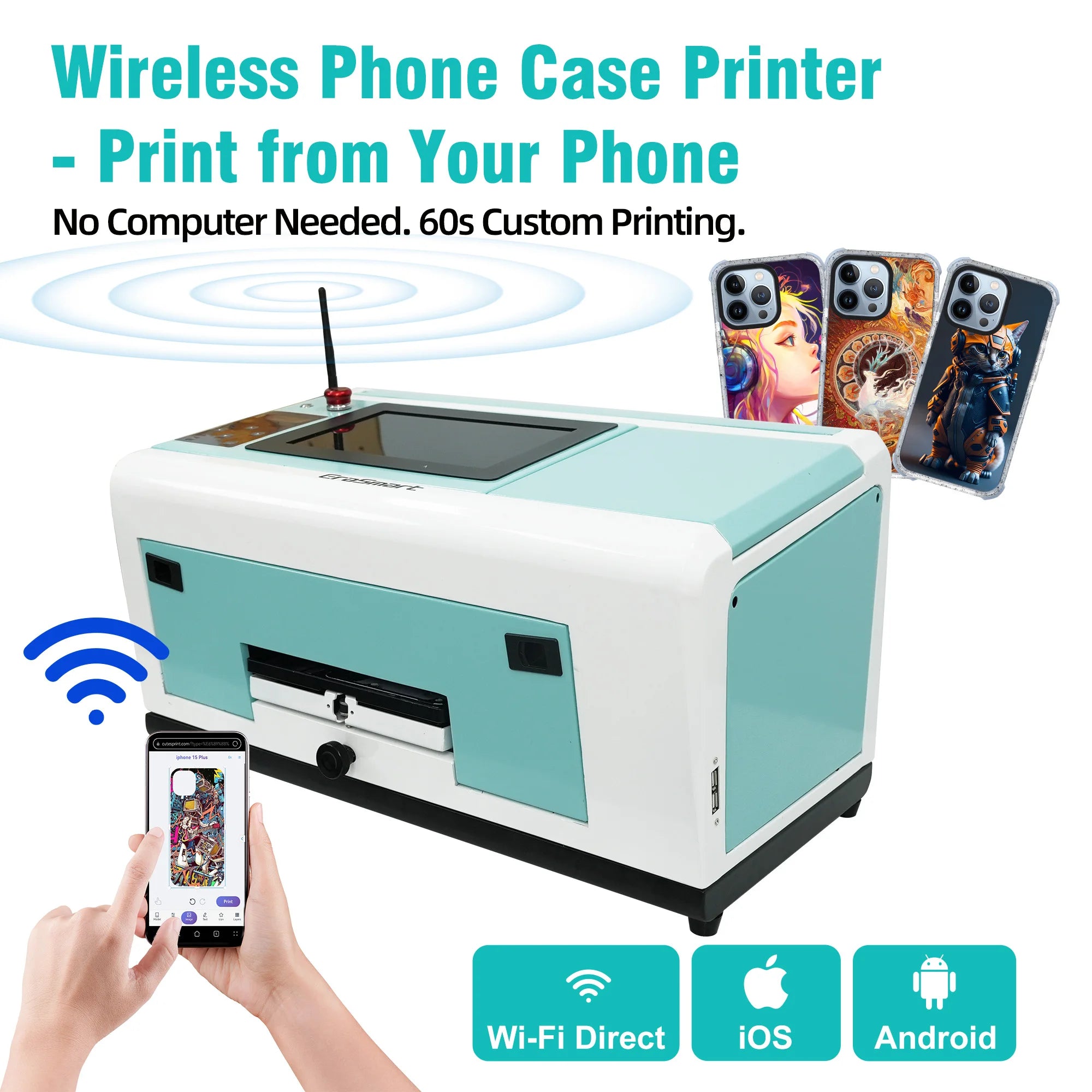 EraSmart Newest A5 Automatic Phone case DIY Printing Machine Wifi APP Cloud Uv Printer
