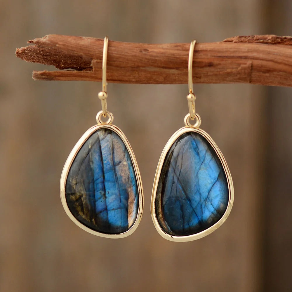 Luxury Designer Boho Labradorite Simple Gemstone Earrings for Women New Gold Plated Hook Fashion Drop Jewelry