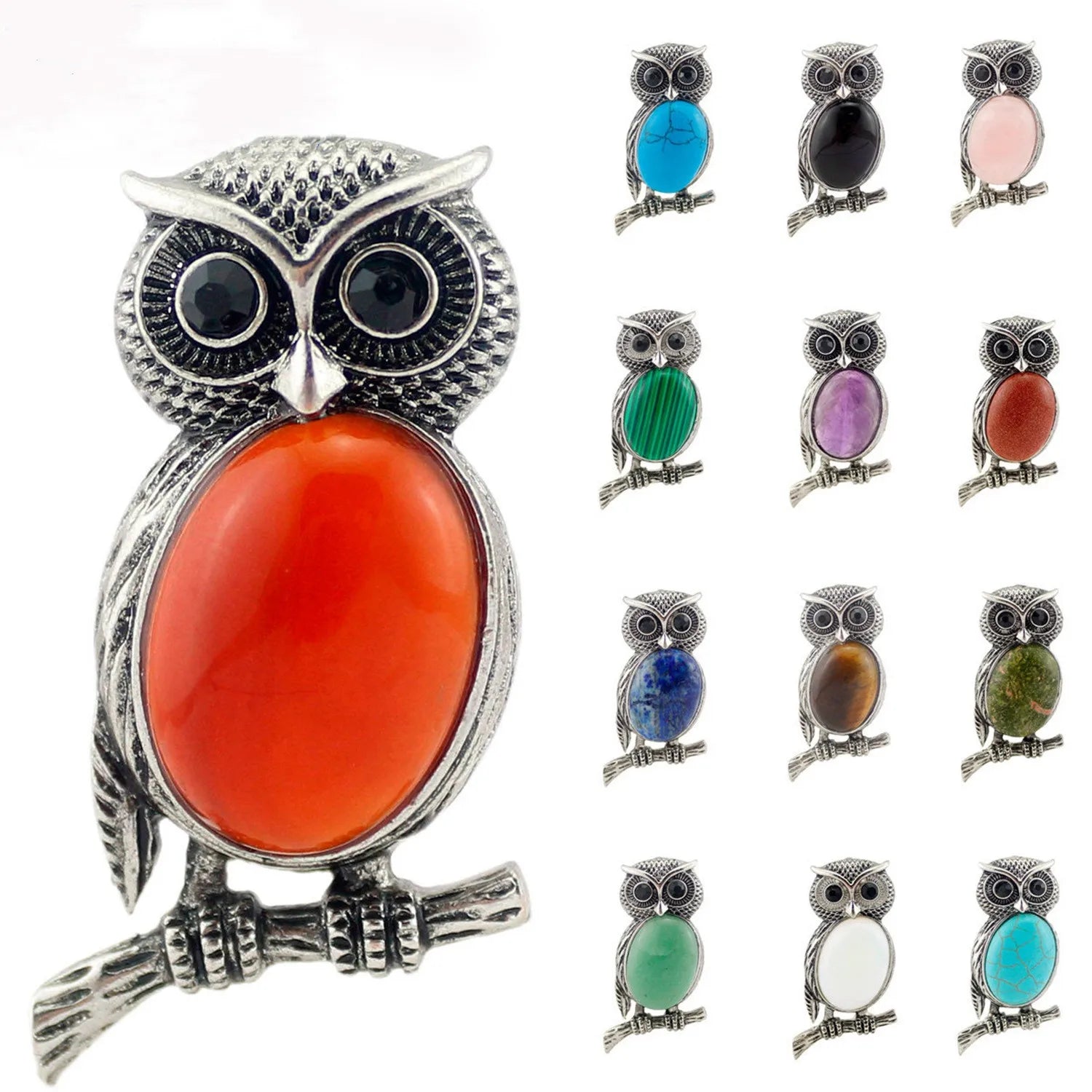 Healing Crystal Owl Gemstone Pendant Necklace Silver Animal Alloy with Oval Stone Cab Reiki Spiritual Energy Lucky