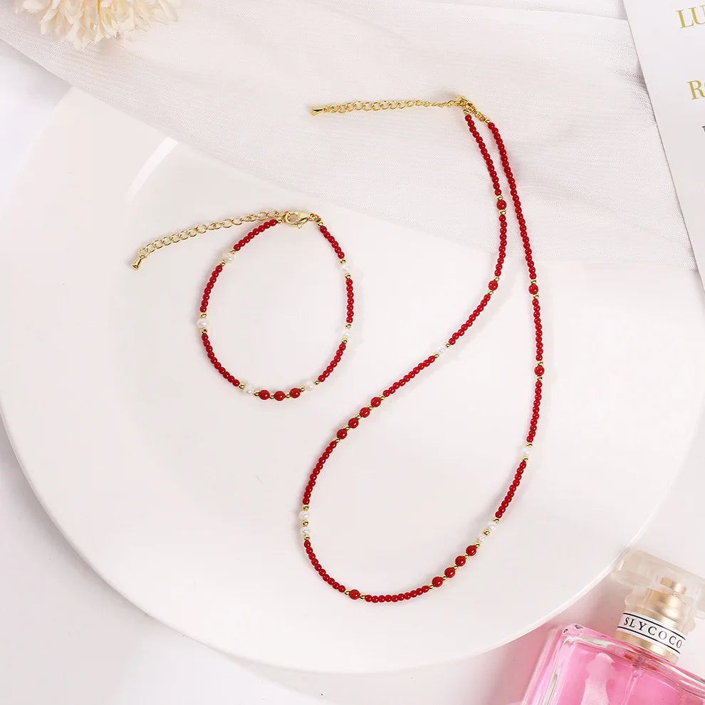 Classic Tribal Boho Fashion Jewelry Mixed Red Chalcedony Red Coral Stone Pearl Bead Necklace Bracelet Personal Styling Ornament MegaBDM