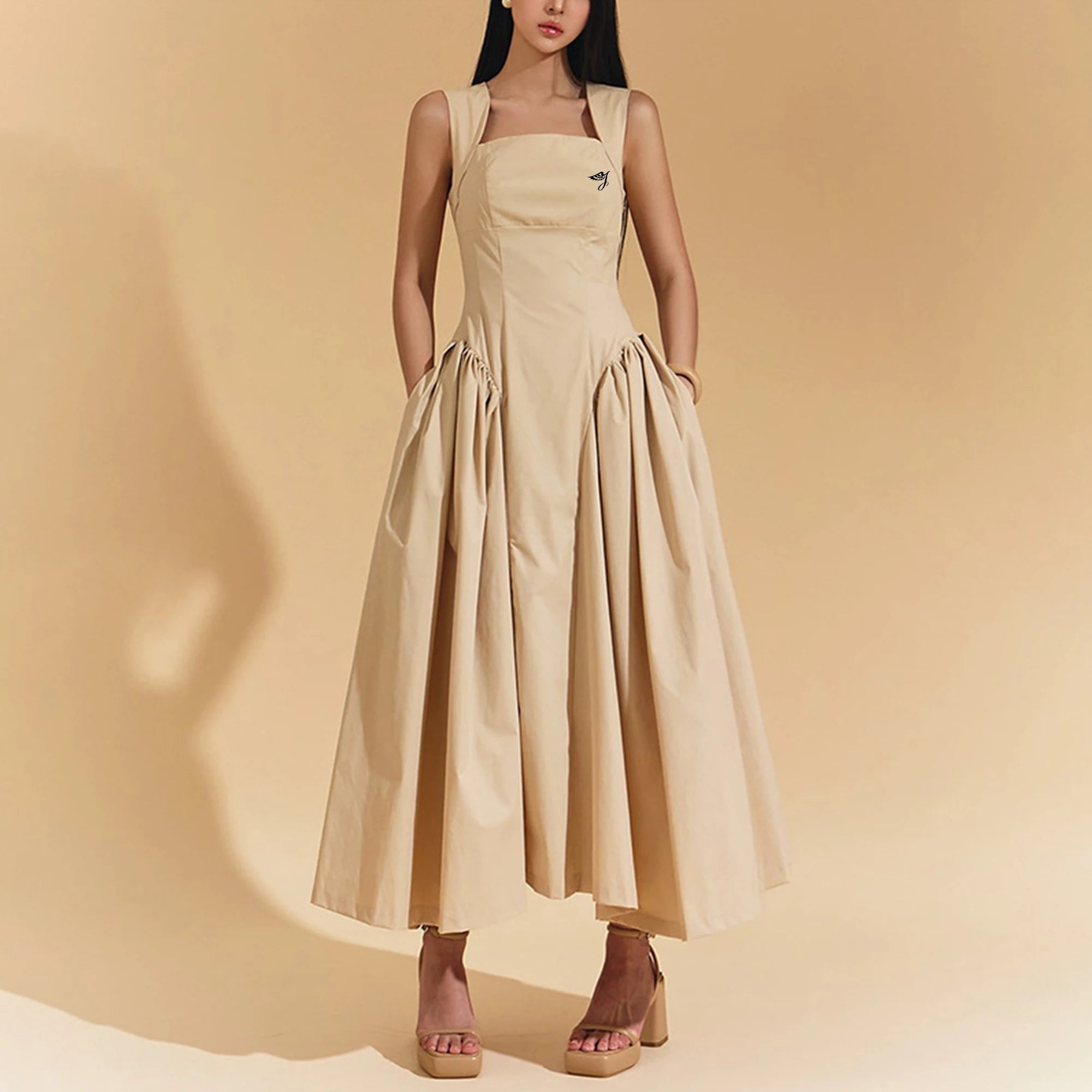 Modest Solid Midi Dresses Ruffles Custom Summer Casual Women's Elegant Slip Vintage Breathable A-Line Silhouette Back Logo