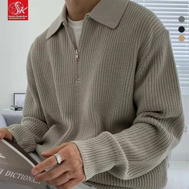 SK Men's Premium Casual Half-Zipped Sweater Vintage Japanese Inspired Lazy-Chic Collar Autumn/Winter Style Knitted Pullover