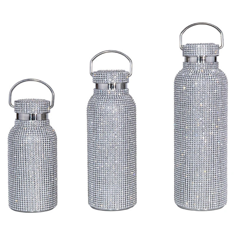 M74 500ml Diamond Encrusted Water Cup Bottle Thermos Stainless Steel Diamond Vacuum Flask Bling Rhinestone Tumbler With Straw