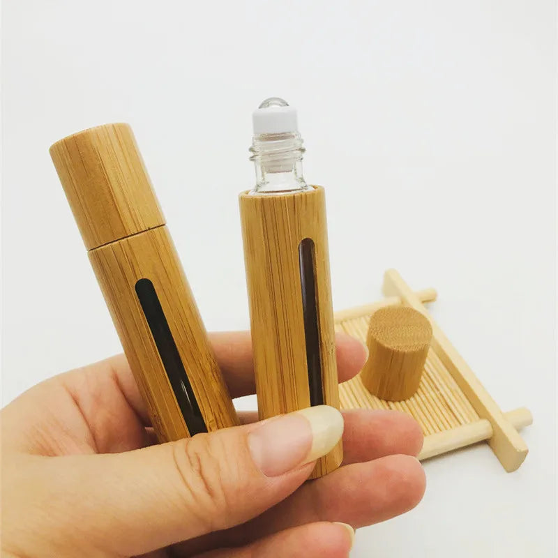 5ml 10ml Perfume Attar Cosmetic Fragrance Bamboo Roller Bottle Bamboo Cap Container Bamboo Deodorant Roll on Bottle with Window