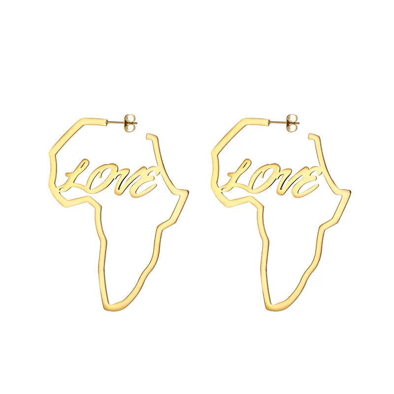 Stainless Steel Big Hoop African Map Mothers Day Gift Love Earrings Studs