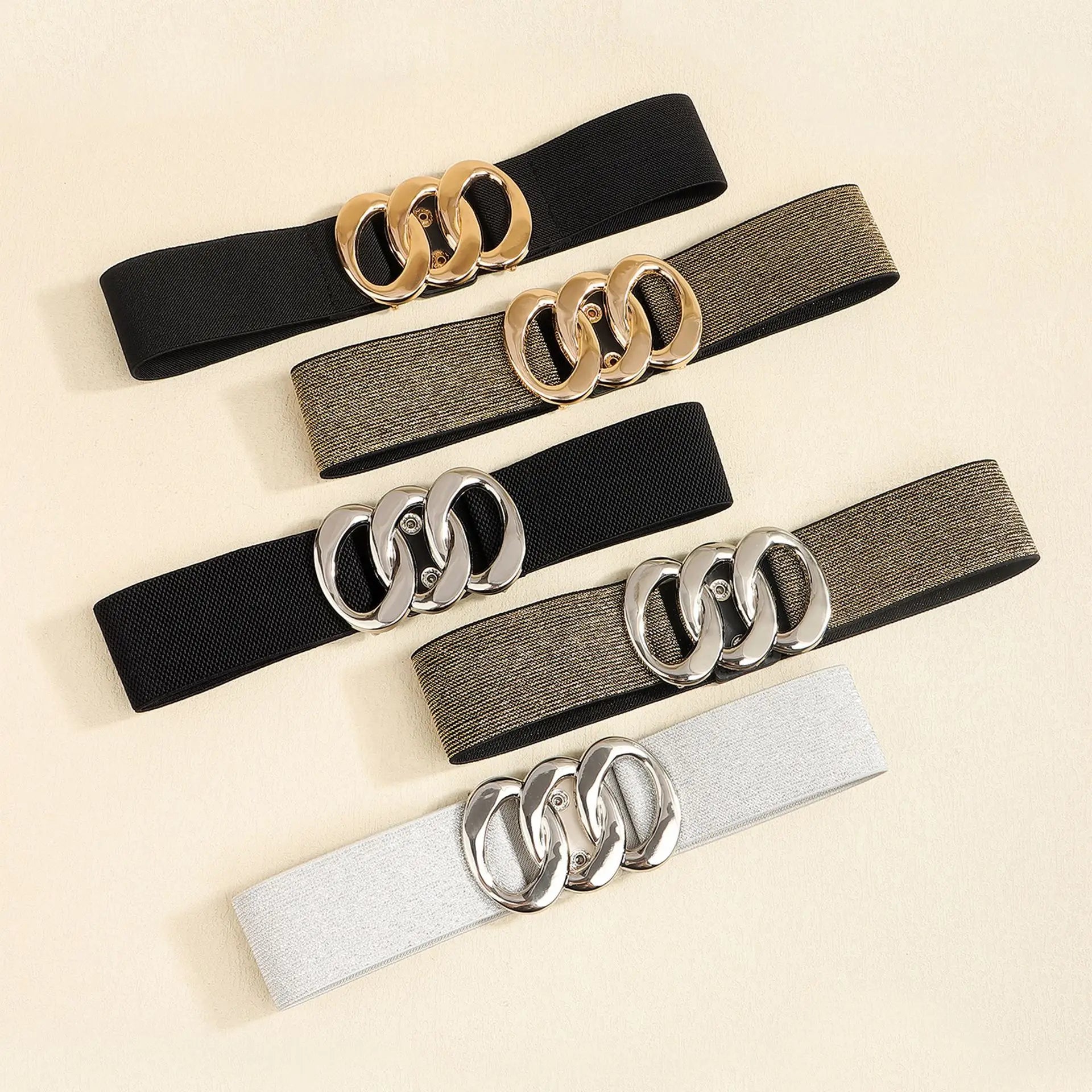 Gold Metal Three Ring Shape Buckle Elastic Stretchable Belt Waistband for Girls and Women