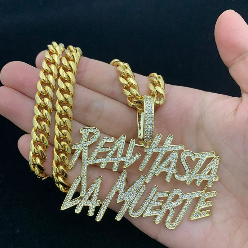Gold Hip Hop Iced Out Cz Capital Initial Letter Real Hasta La Muerte Necklace
