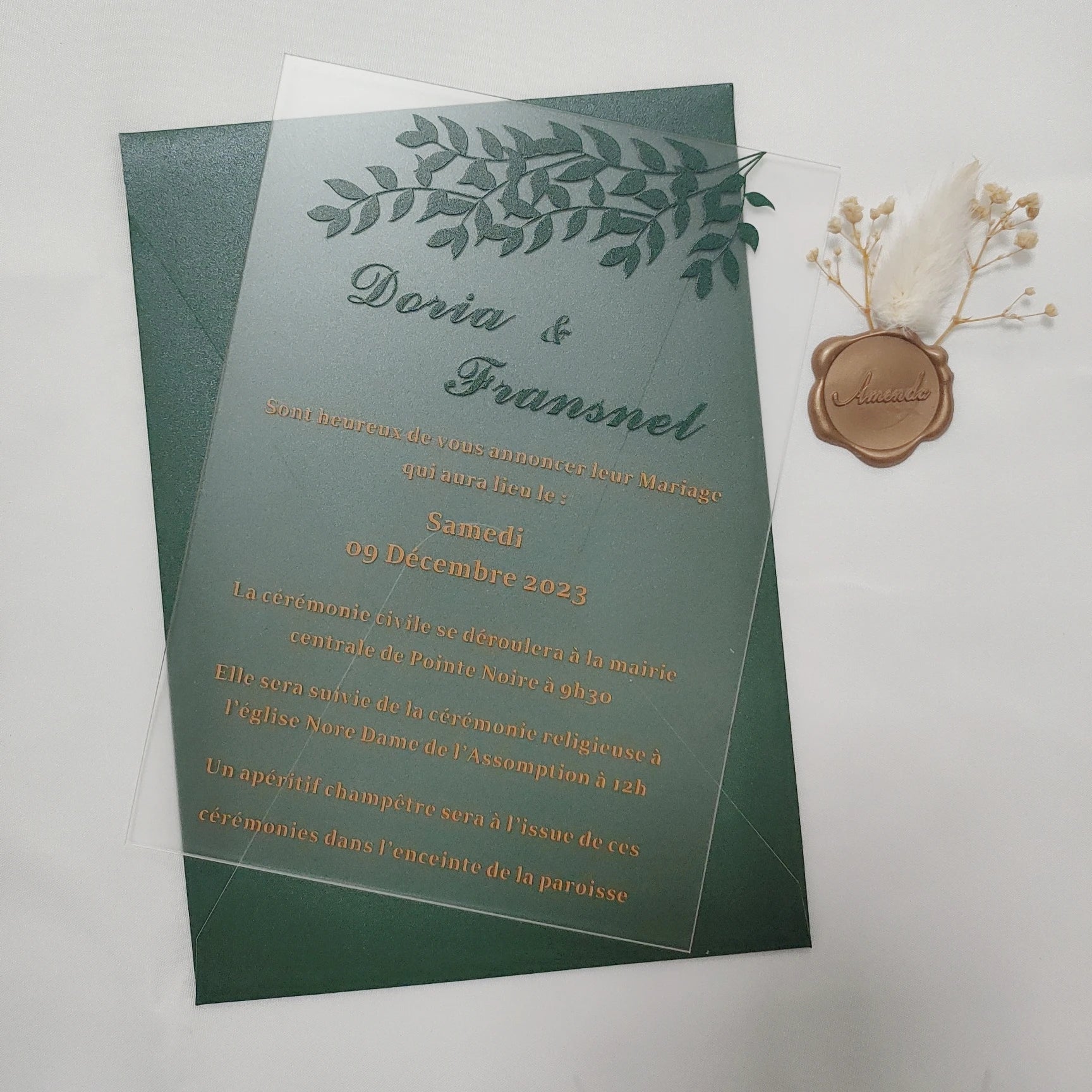 Luxury Designs Party Birthday Custom Green and Gold Glitter Gold Foil Acrylic Marriage Wedding Invitation