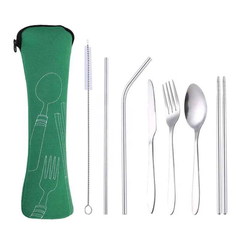 Portable Outdoor Picnic Set 6-Piece Stainless Steel Metal Tableware Including Knife Fork Spoon Chopsticks Straws Protective Bag