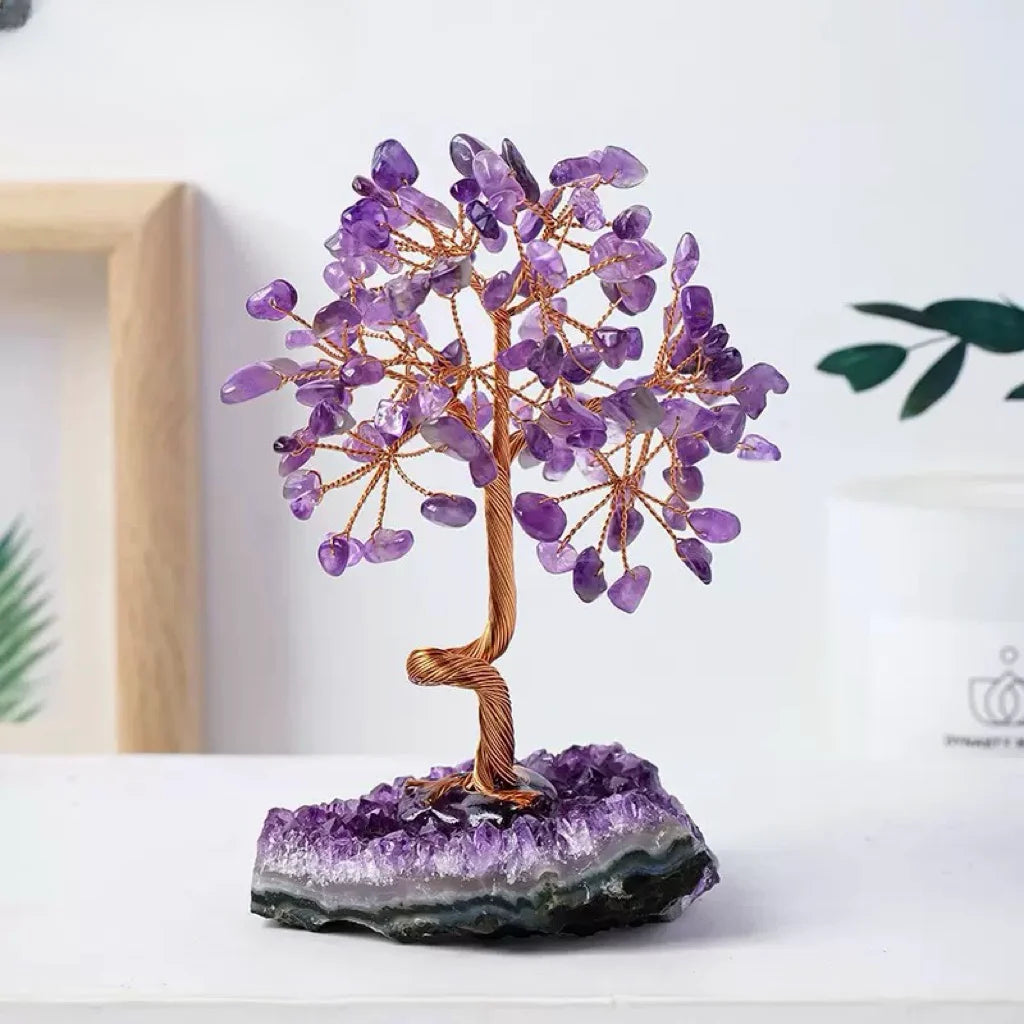 Amethyst Crystal Tree with Amethyst Cluster Base Copper Wire Healing Crystal Money Bonsai Tree for Feng Shui