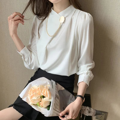 Boutique Fashion 2026 Spring New Long Sleeve Solid Color Wild V Collar Korean Style Temperament Women's Shirts MegaBDM
