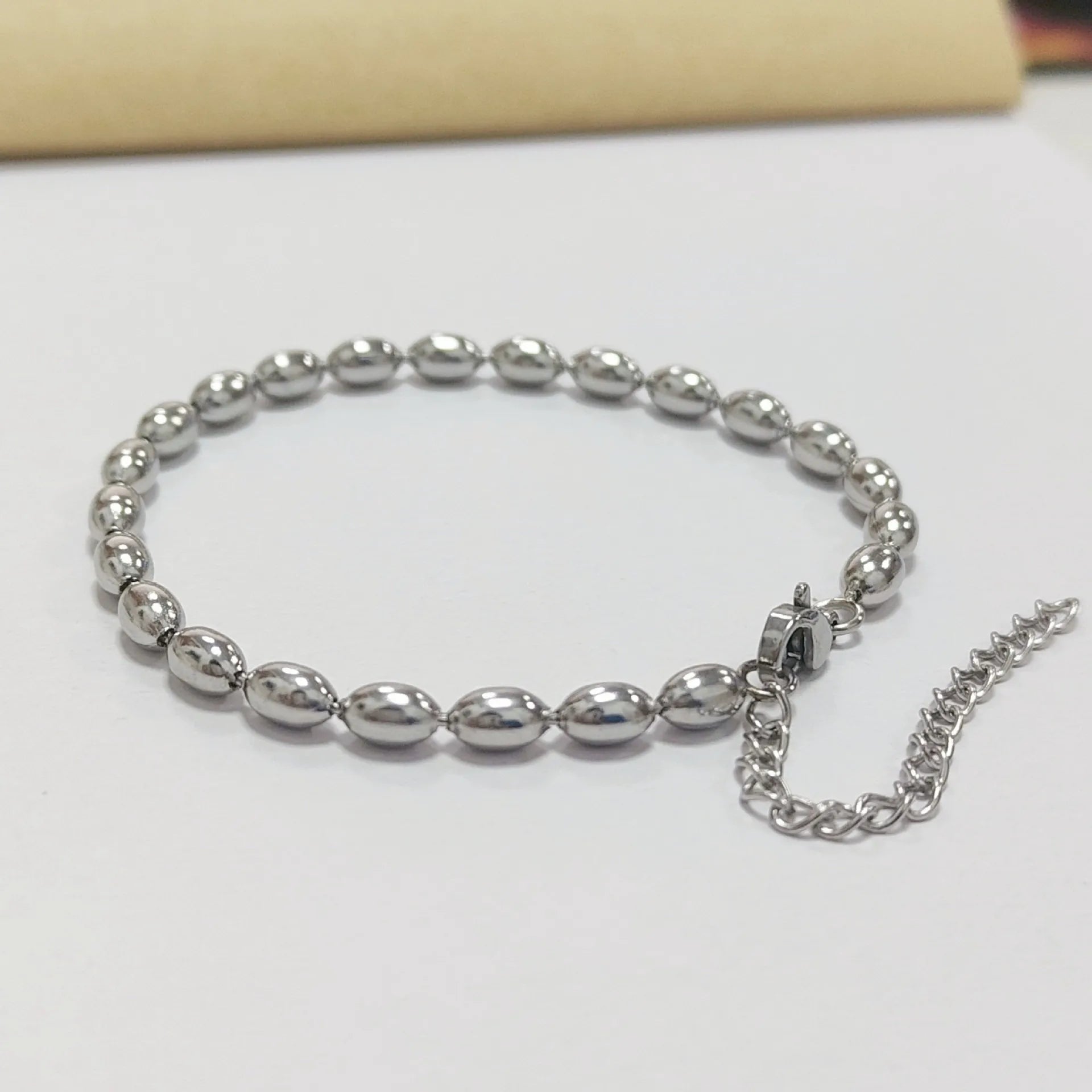 Stainless Steel Chain Bracelet with Extender Rice Oval Shaped Stainless Steel Bead Chain Bracelet Silver/Gold/Black/Rainbow
