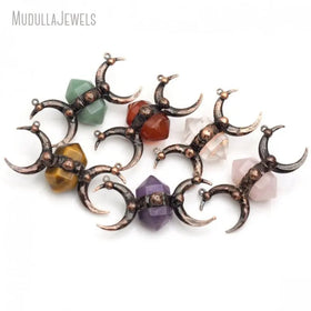 PM49427 Soldered Jewelry Natural Gemstone Rose Quartz Clear Crystal Tiger Eye Green Aventurine Triple Moon Goddess Pendant