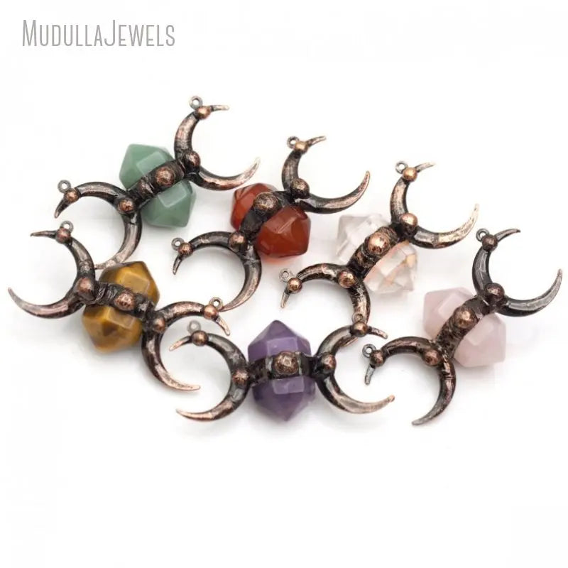 PM49427 Soldered Jewelry Natural Gemstone Rose Quartz Clear Crystal Tiger Eye Green Aventurine Triple Moon Goddess Pendant