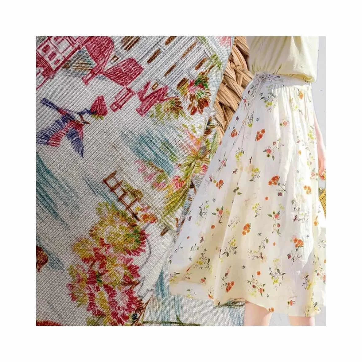 55% Linen 45% Cotton Woven Fabric Digital Colorful Print Shirt Fabric Linen and Cotton for Girl's Dress Skirts Shirts  Garments