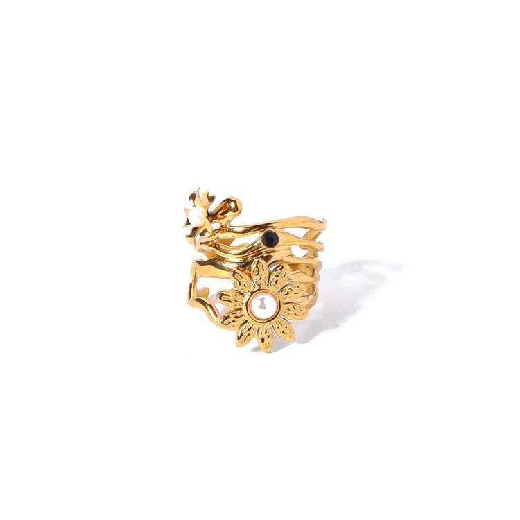 Non Tarnish Gold Plated Cuff Finger Rings Women Shell Pearl Charm Sunflower Ring