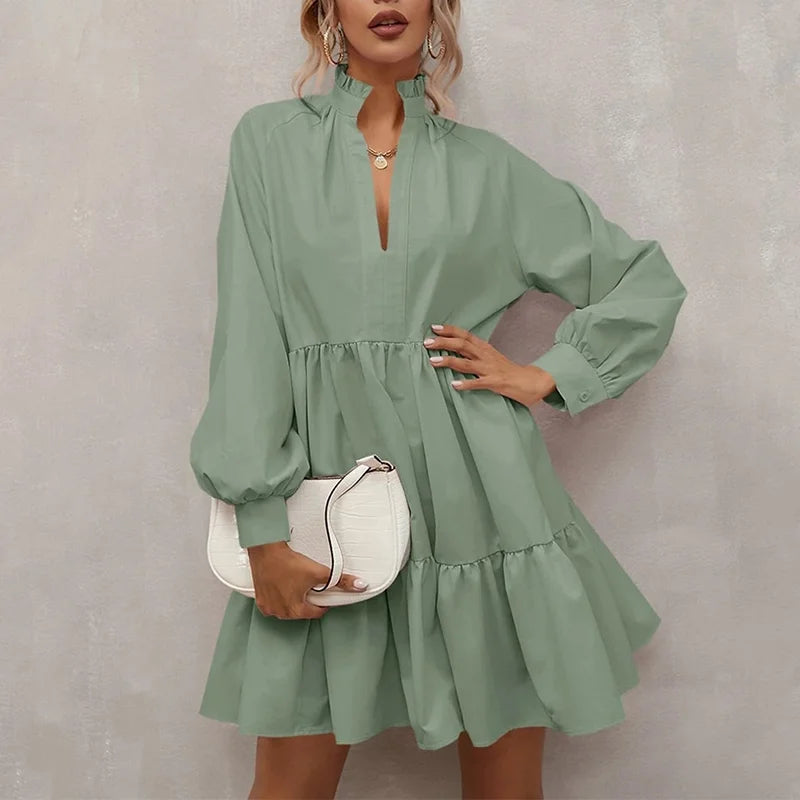 Custom Girls Stringy Selvedge V Neck Loose A-Line Dress Long Sleeve Mini Skirt Women's Elegant Skirts