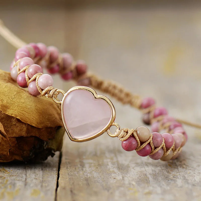Double Layer Adjustable Heart Rose Quartz Charm Bracelet Hand Woven Natural Stone Crystal Fashionable Double Layer Bracelets