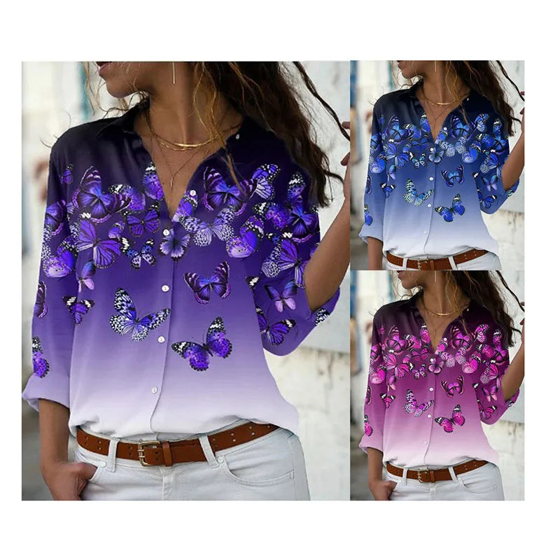 Ladies Top Blouses Woman Blusa Plus Size Female Casual Wear Clothes Women's Butterfly Printed Long Sleeve Button up Shirt