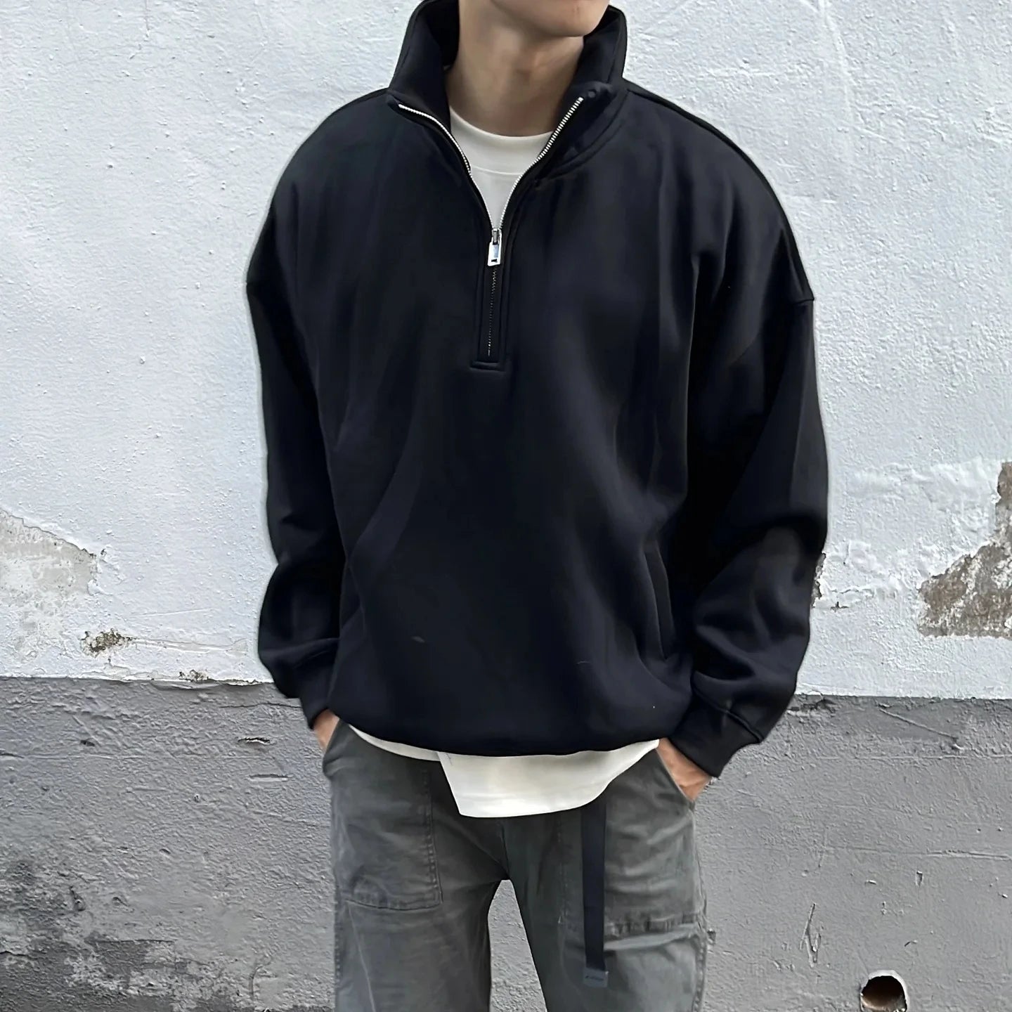 Oversized Professional Heavyweight Pullover Drop Mock Neck Shoulder Half Zip up Sweatshirt for Men