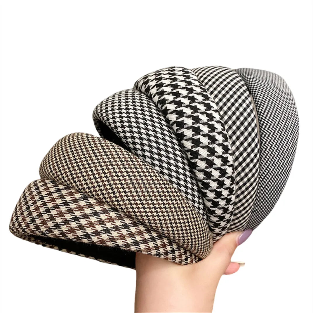 Korean Fashion Women Vintage Plaid Wide Edge Sponge Hair Band Headband Simple Geometric Girls Padded Brand Headbands