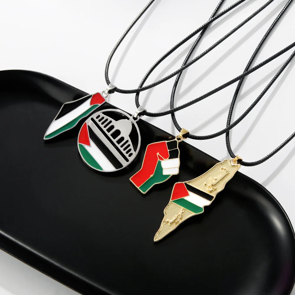 Factory Enameled Palestine Map Charm Necklace Stainless Steel 18K Gold Plated Enamel Palestine National Flag Pendant Necklace