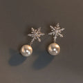 10MM Simulated Pearl 925 Sterling Silver Snowflake Zircon Big Wedding Stud Earrings for Girls Women Christmas Gifts