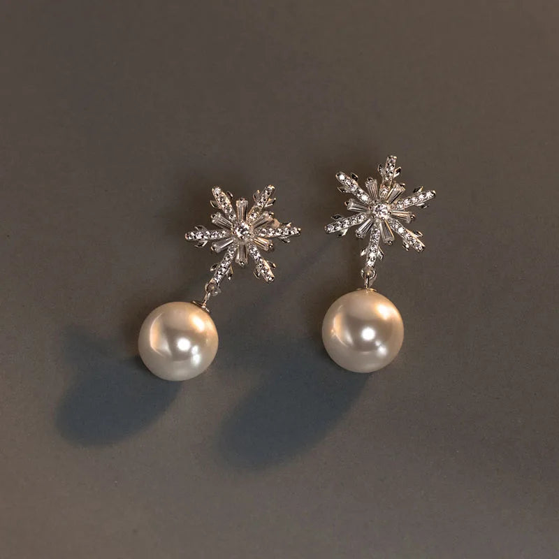10MM Simulated Pearl 925 Sterling Silver Snowflake Zircon Big Wedding Stud Earrings for Girls Women Christmas Gifts