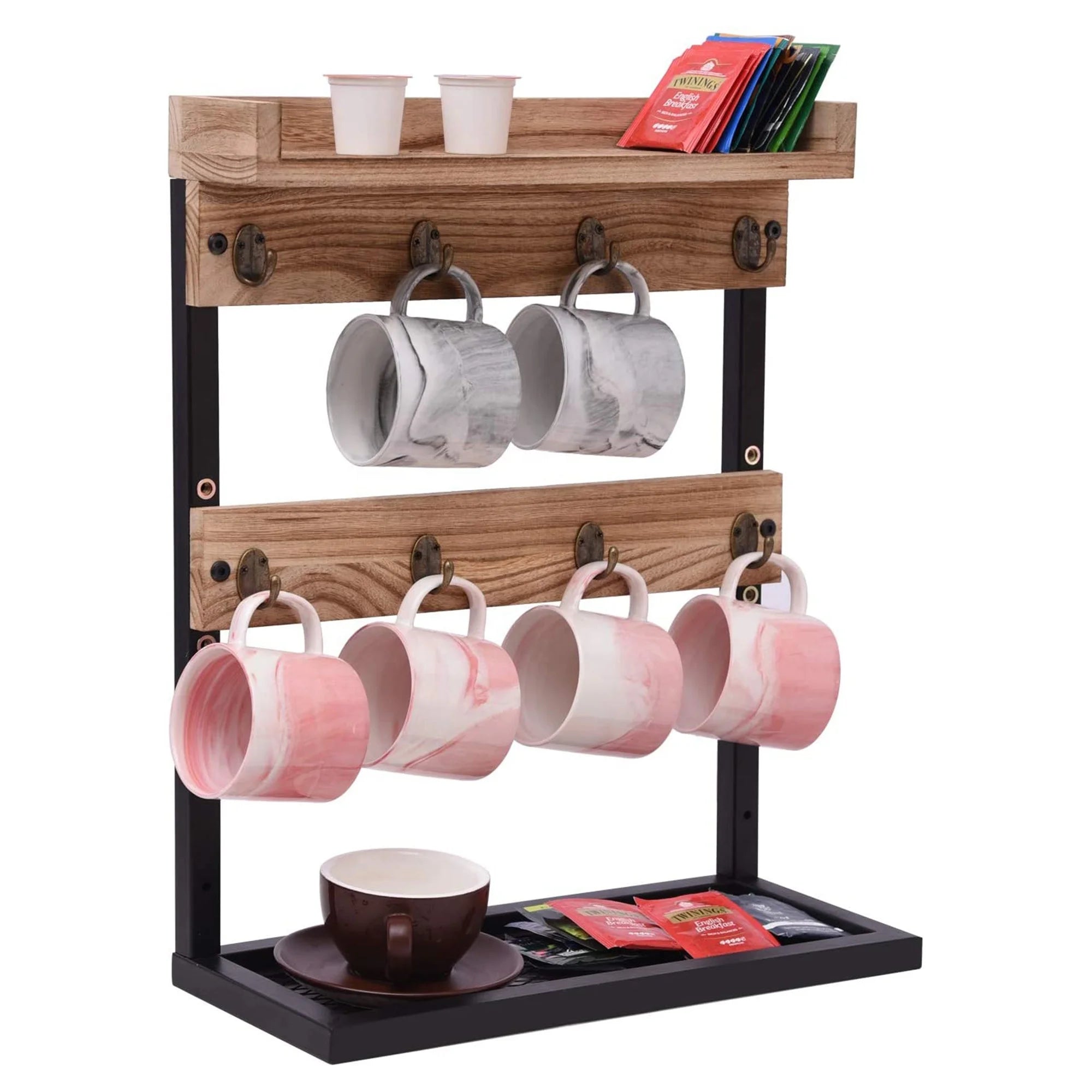 Rustic Countertop Coffee Mug Rack Holder with Wire Stand 2 Tier Kitchen Wall Mounted Rack Holder for Mug Cup Display Organizer