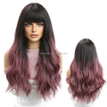WH30 Bangs Wavy Curly Wigs Natural Hairline Water Wave Wig Ombre Pink Purple Dark Orange Synthetic Wigs Daily Wear Women Hair