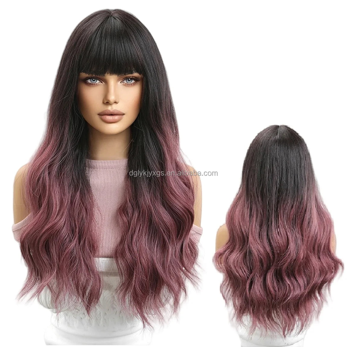 WH30 Bangs Wavy Curly Wigs Natural Hairline Water Wave Wig Ombre Pink Purple Dark Orange Synthetic Wigs Daily Wear Women Hair