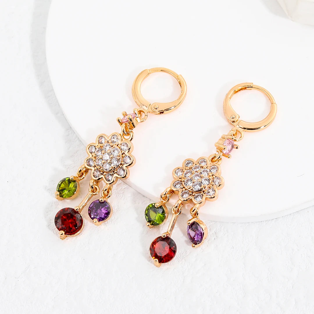 Hot Sale Trendy Ladies Jewelry Noble Chandelier Gold Plated Earrings Colorful Zircon Ruby Crystal Brass Copper Earrings