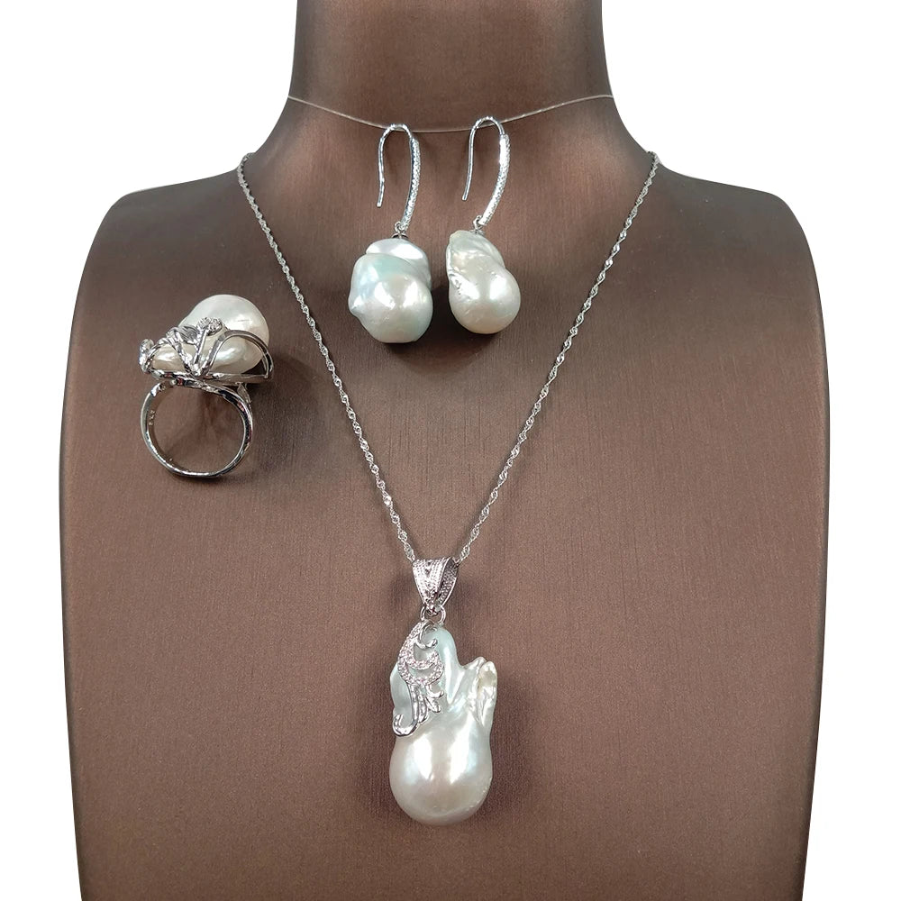 Fashion Choker Jewelry Set 925 Silver Big Baroque Freshwater Pearl 100% Natural Gold Plated Wedding Party WOMEN'S Gift Unisex
