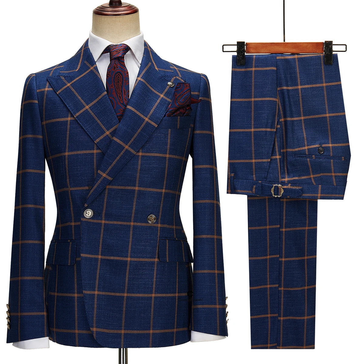 New Business Leisure Plaid Men's Slim Suit Double-breasted Fashion Retro Men's Suit.