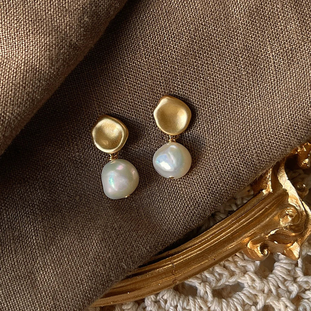 Handmade 925 Silver Needle Design Baroque Shaped Freshwater Pearl Earrings for Women Vintage Retro Charm Style Matte Finish