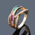 Rainbow Colorful Zircon Ring European and American Diamond Ring Simple Exquisite Jewelry Bling CZ Cubic Zirconia X Shape Rings