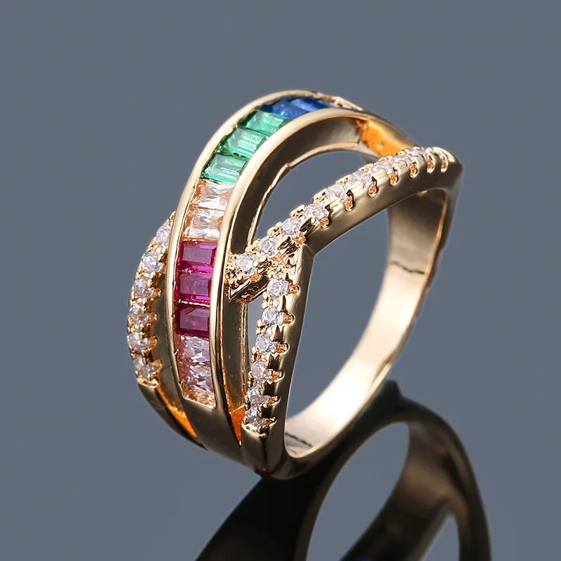 Rainbow Colorful Zircon Ring European and American Diamond Ring Simple Exquisite Jewelry Bling CZ Cubic Zirconia X Shape Rings