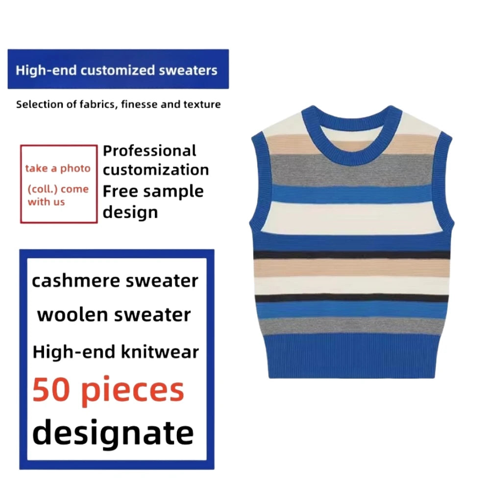 Women's Versatile Casual Pullover Knitted Vest College-Style Round Neck Contrasting Colors Woven Summer Weaving