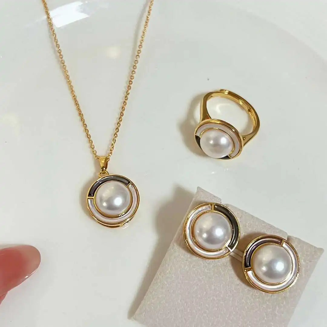 Women's Natural Black & White Freshwater Pearl Necklace Ring Earrings Set-Seawater Shell Inlaid 10-11MM Freshwater Pearl Jewelry