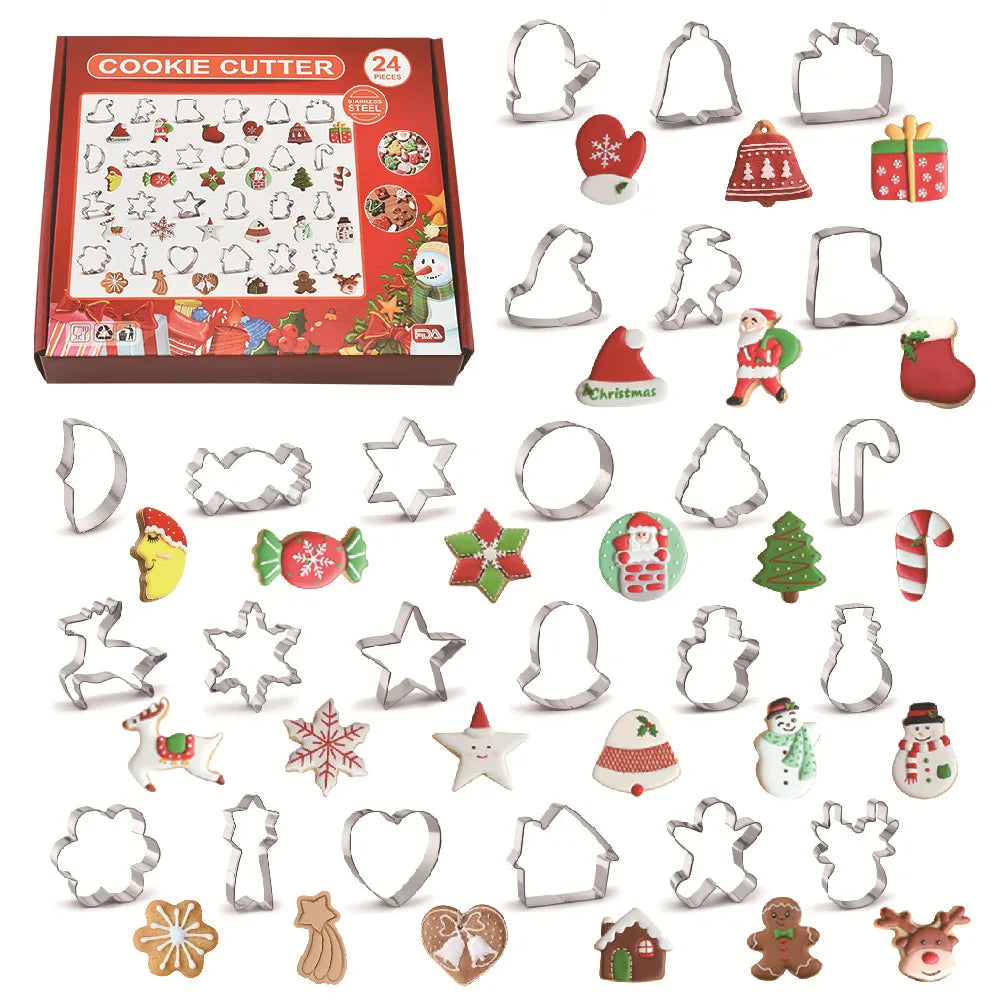 24PCS Holiday Shapes Metal Christmas Cookie Mold Set with Gift Box for Biscuit Stainless Steel Cookie Cutter Set Christmas