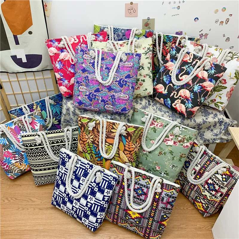 Double Sided Pattern Bohemian Style Casual Large Capacity Waxed Shoulder Canvas Tote Bag with Pocket and Zipper